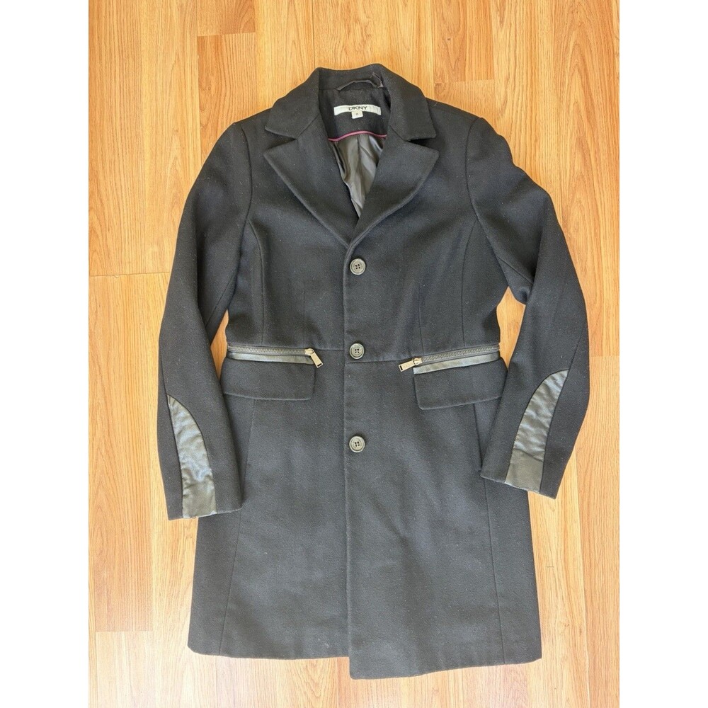 DKNY Overcoat Womens 8 Black Mid-Length Long Sleeve Button Front Lined Pockets